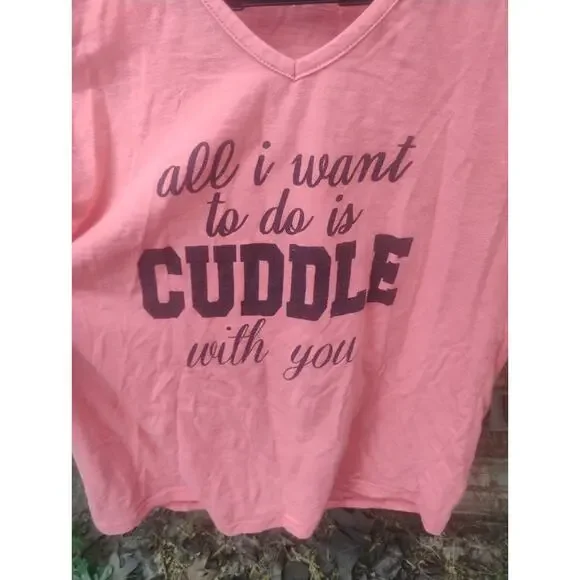 Sleep Junkie Women's Pink CUDDLE Graphic Sleep Tee V-Neck Pajama Shirt Size L - Picture 2 of 8